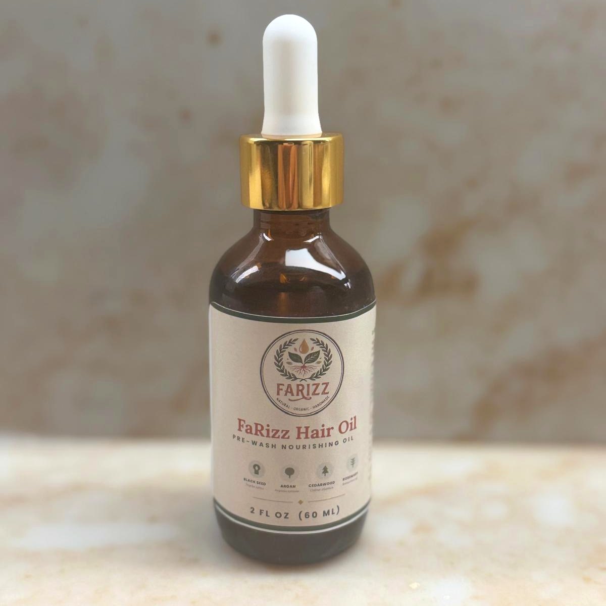 FaRizz Hair Oil — 2 fl oz amber glass dropper bottle with gold cap